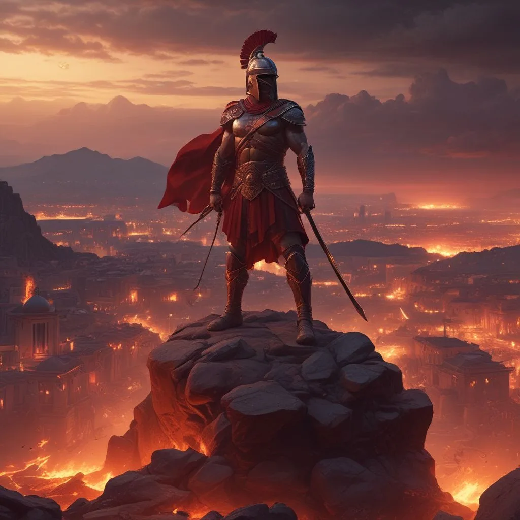 Spartan warrior overlooking a burning city